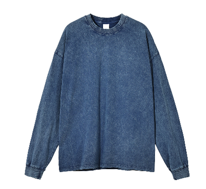 Acid Wash Dark Blue Oversize Long Sleeve T-Shirt - 250 GSM