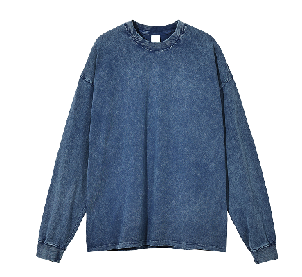 Acid Wash Dark Blue Oversize Long Sleeve T-Shirt - 250 GSM