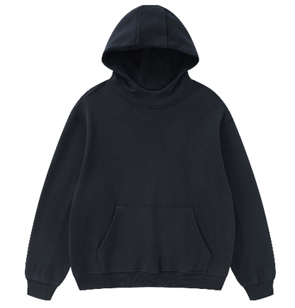 High Neck Insulated FOG Solid Color Black Fleece Hoodie - 385 GSM
