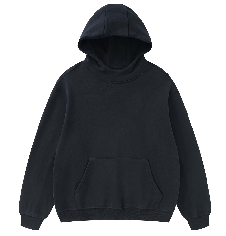 High Neck Insulated FOG Solid Color Black Fleece Hoodie - 385 GSM
